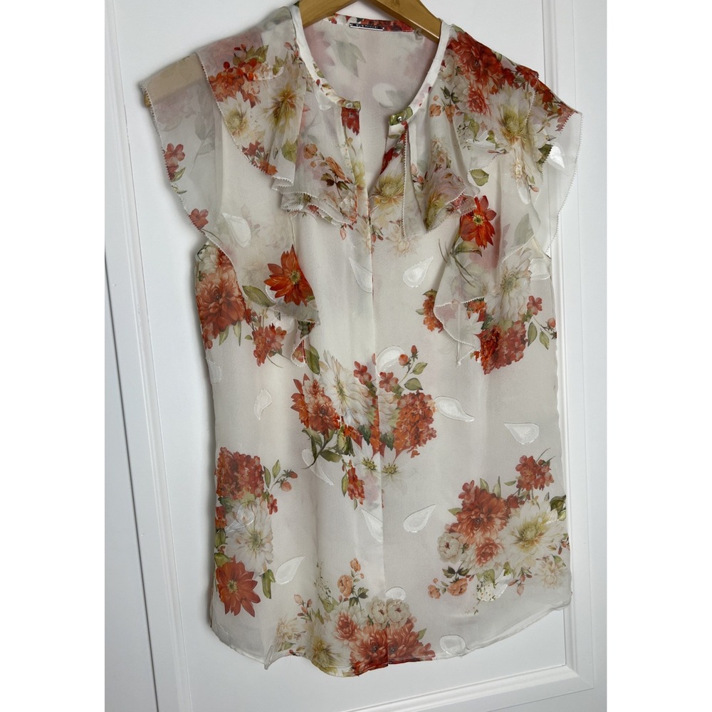 Elie‎ Tahari Womens Sz S Floral Ruffle Silk Flutter Sleeves Blouse Button Flowy